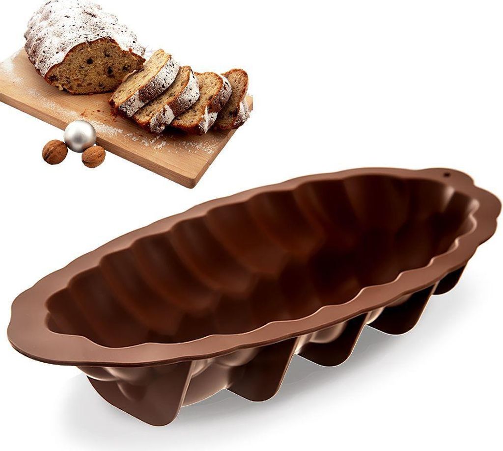 Orion Kuchenform Backform Tortenform mit Schornstein Kamin zum Backen von Kuchen aus Silikon braun 41x20x7,5 cm