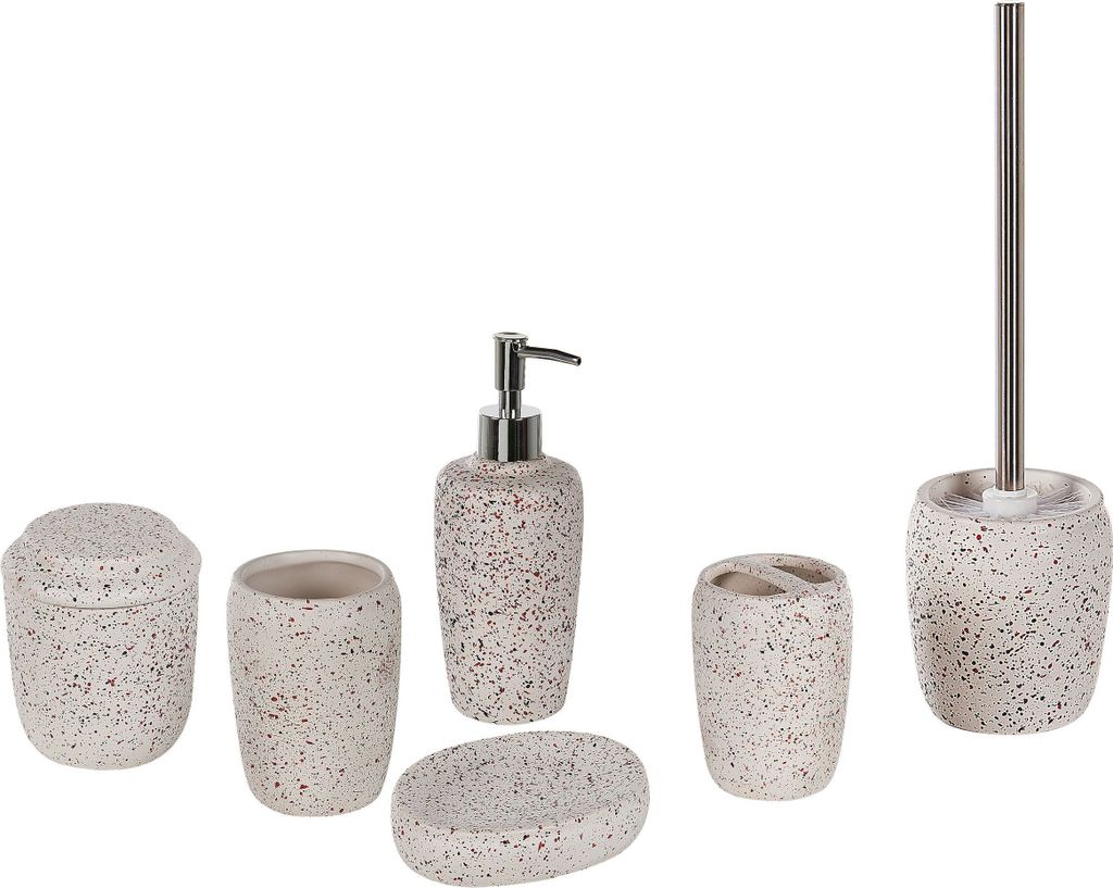 BELIANI Badezimmer Set Weiß Naturstein Dolomit 6-teilig Terrazzo Optik Zahnputzbecher Seifenschale Seifenspender Toilettenbürste Becher Accessoires