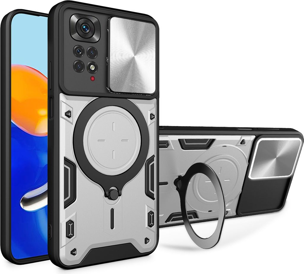 Handyhülle für Xiaomi Redmi Note 11 4G /Note 11s Dual-Layer Stoßfest Rüstung Hülle mit Dia Kameraschutz und Kreisförmig Ring Ständer Silber