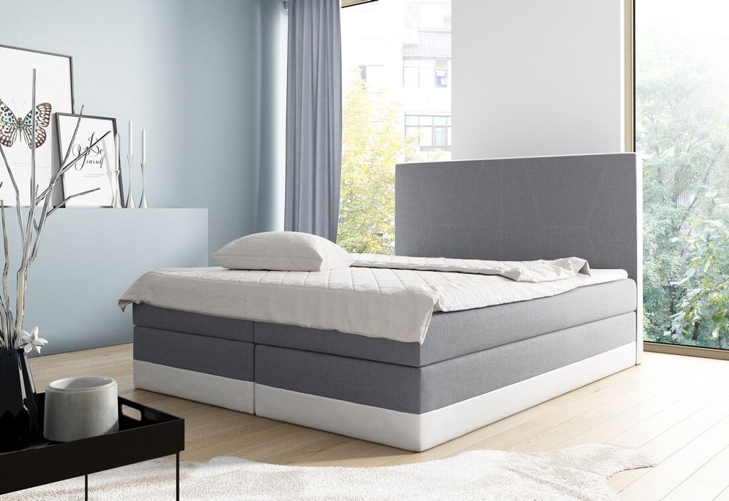 Gepolstertes Doppelbett Stefani grau-blau, weiß 180 + gratis Matratzenauflage