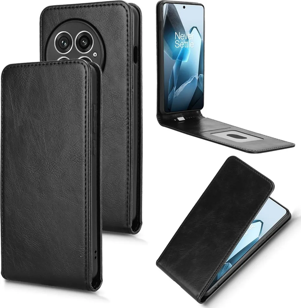 Custodia OnePlus 13 Verticale in Pelle Nera: Protezione Magnetica Premium
