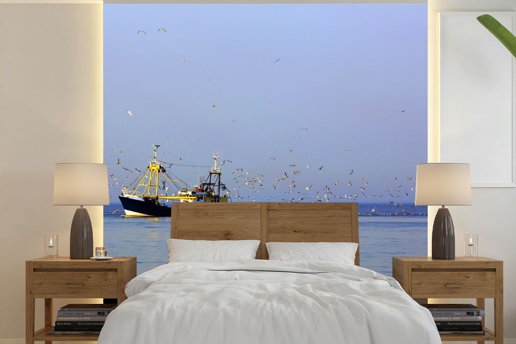 MuchoWow Fototapete für Wohnzimmer oder Schlafzimmer Wandtapete Vinyl Motivtapete Nordsee - Fischerboot - Vogel - 220x220 cm - Tapeten