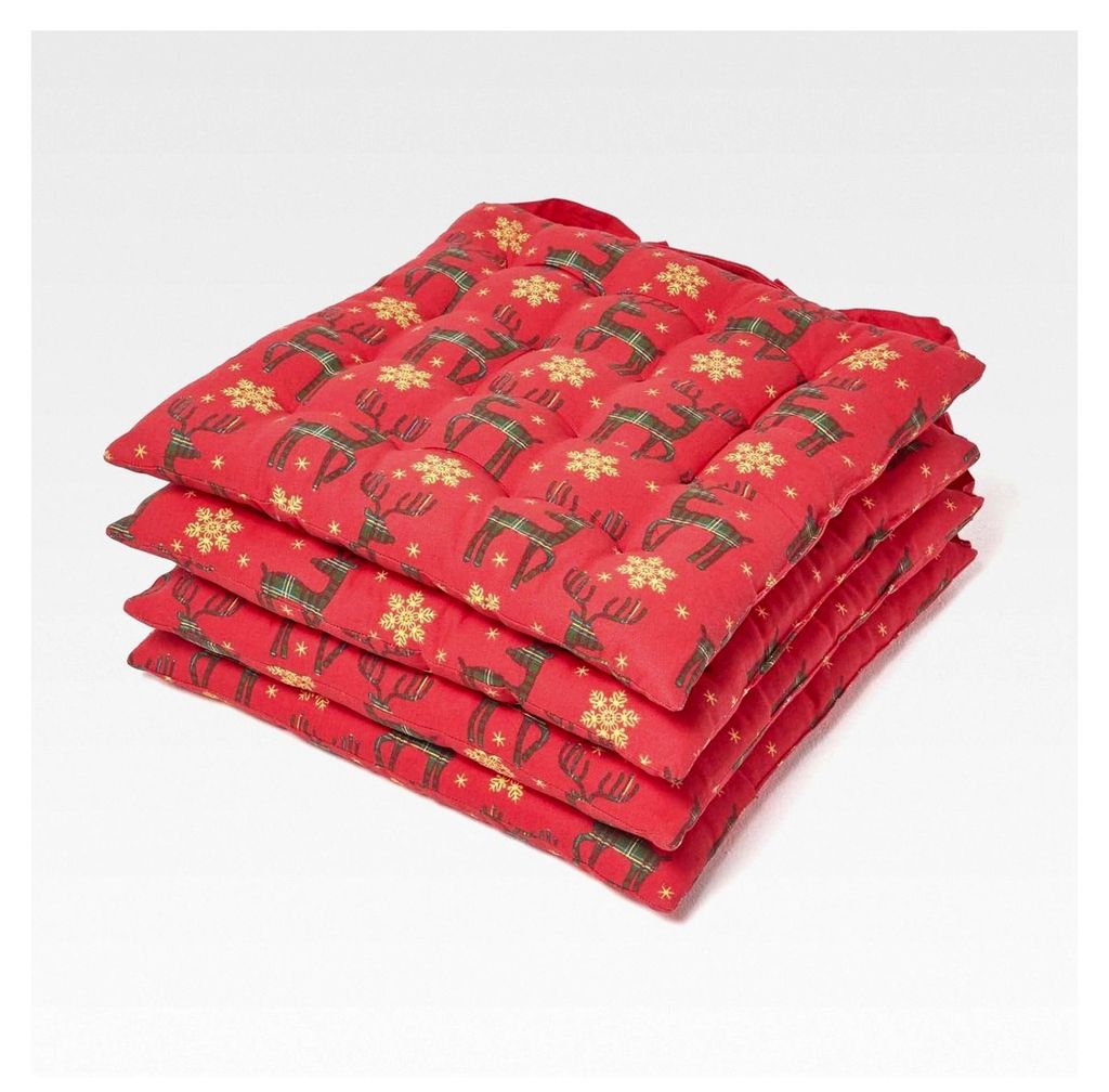 4er Set Weihnachts-Stuhlkissen 40x40 cm Rentier rot – Sitzkissen für Weihnachten mit Baumwollbezug, waschbar & -