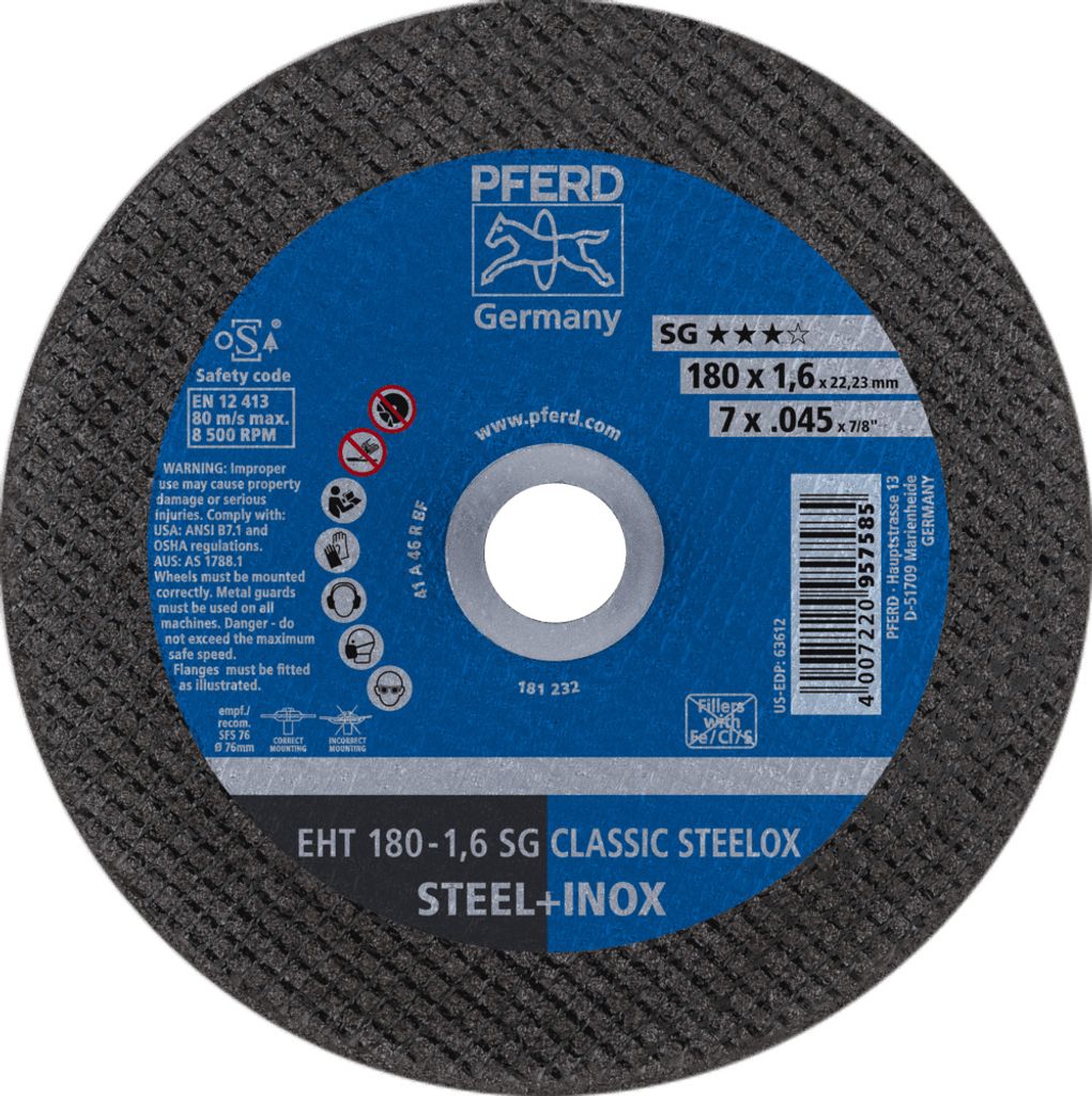 PFERD TOOLS Trennscheibe EHT 180x1,6x22,23 mm gerade Leistungslinie SG CLASSIC STEELOX für Stahl/VA