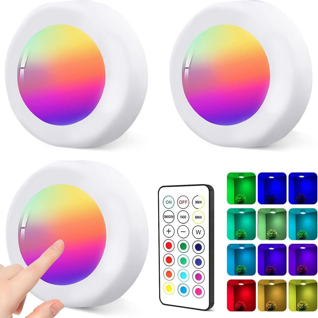 KUGI LED Unterbauleuchte LED Nachtlicht touch lights RGB mit Fernbedienung 3 Stück, Dimmbar Unterbauleuchte,Küche LED Lampe zum Kleben Schranklic...