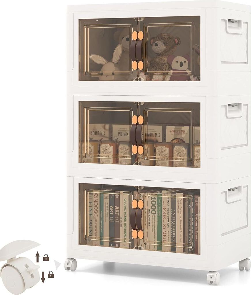 KOMFOTTEU Faltbarer Küchenwagen mit Behältern und Türen, Aufbewahrungsbox mit 4 Rollen, Aufbewahrungsboxen aus Kunststoff für Schlafzimmer, jed...