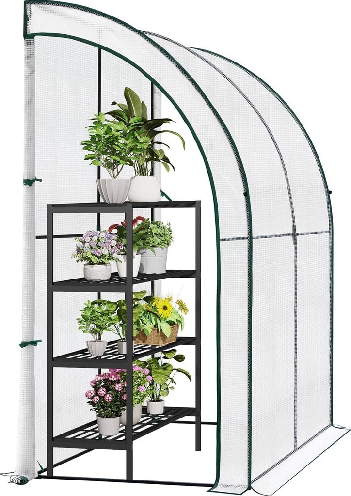 A greenhouse with shelves filled with potted plants.