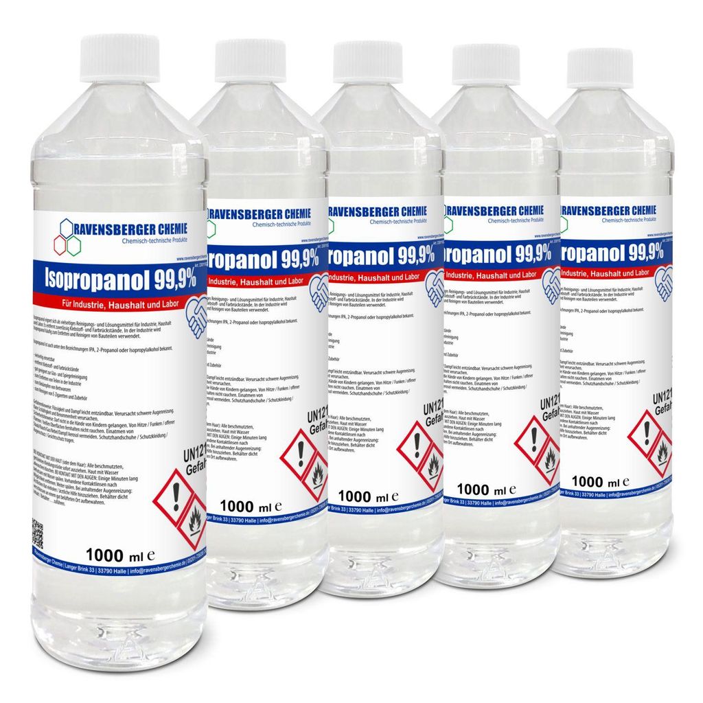 Ravensberger Chemie Isopropanol 99,9 % – hochreiner Alkohol zum Reinigen & Entfetten, rückstandsfrei, für Technik, Werkstatt & Industrie - 5x 1...