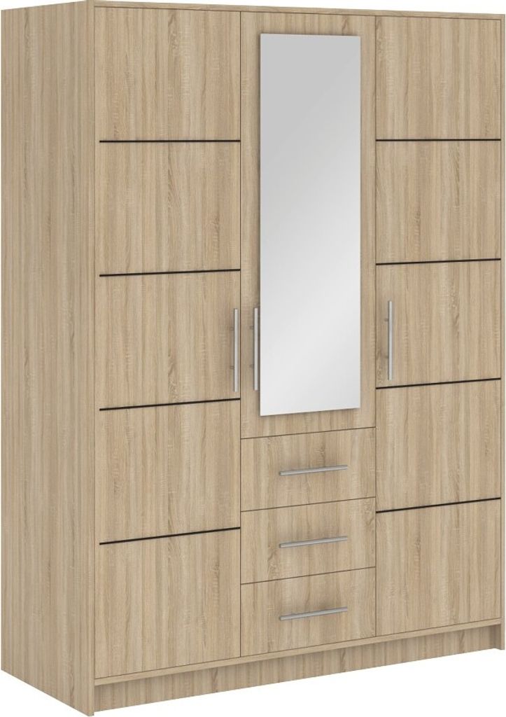 Furniture24 Kleiderschrank Bali D3 Schlafzimmer 3 Türiger Drehtürenschrank 3 Schubkästen Schrank 1 Kleiderstange 5 Einlegeboden Spiegel Sonoma E...