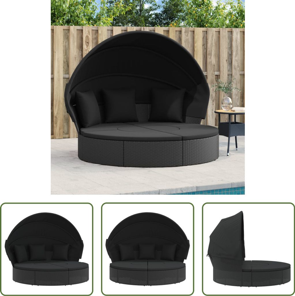 The Living Store Outdoor-Loungebett mit Dach und Kissen Schwarz Poly Rattan