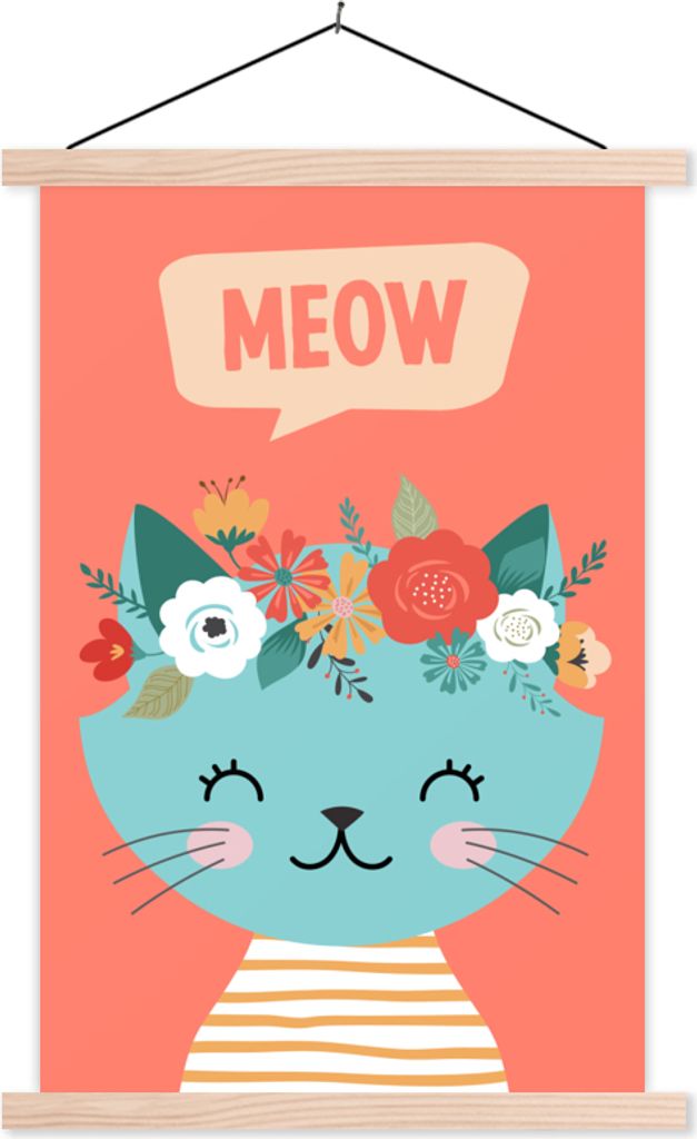 MuchoWow Textilposter Katze - Blumen - Blau 60x90 cm mit holzfarbenen Rahmen - Textil