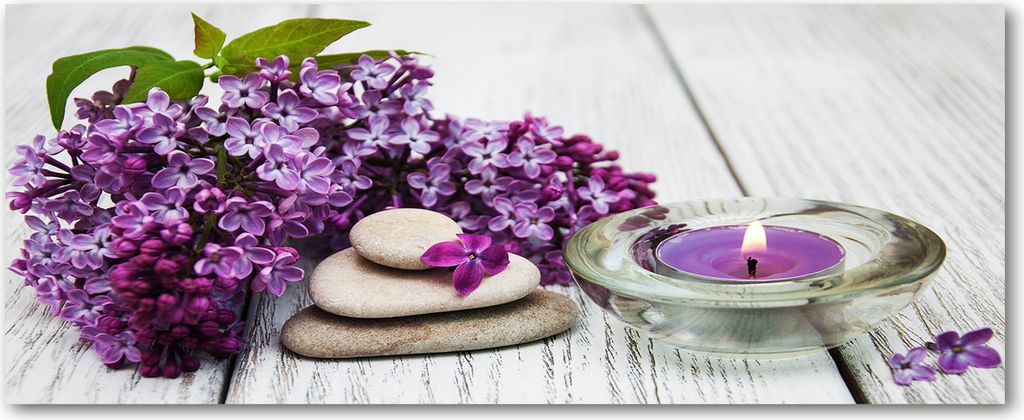 Tulup Küchenrückwand Spritzschutz aus Glas -125x50 -Spritzschutz auf gehärtetes Glas Blumen & Pflanzen Flieder Zen Steine