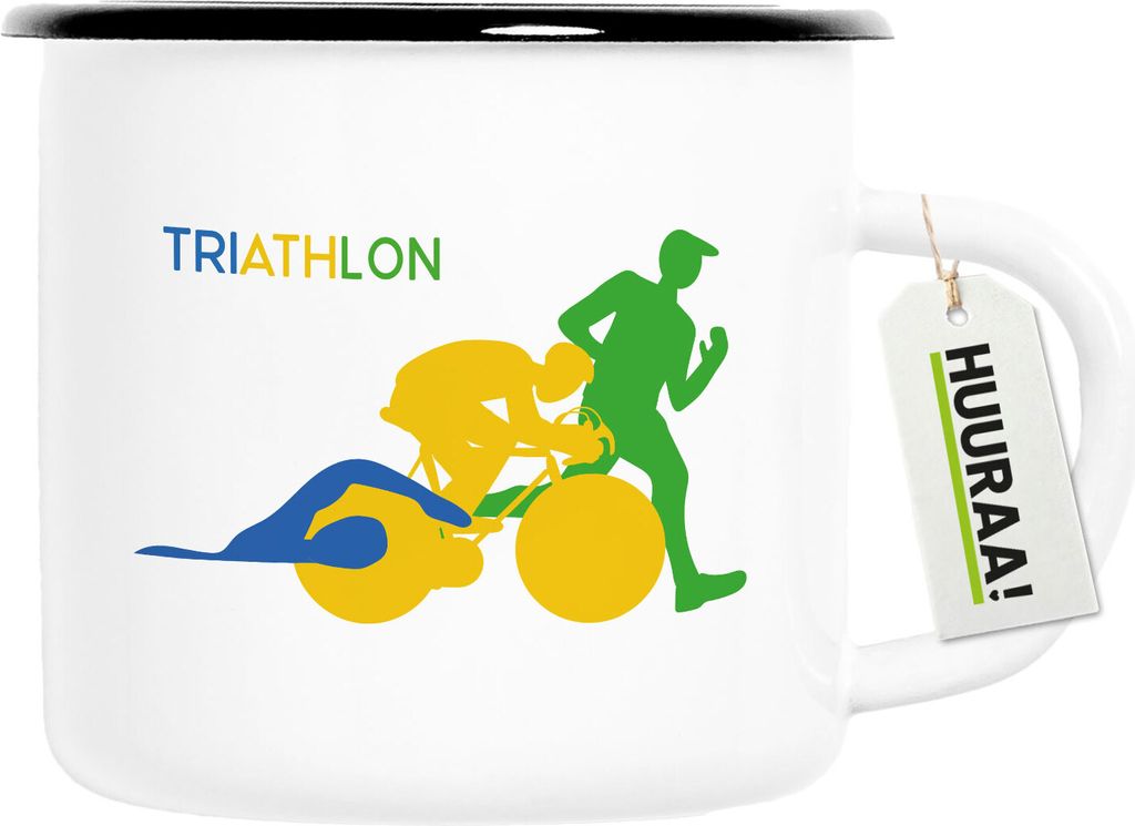 Huuraa Emaille Tasse Triathlon Schwimmen, Radfahren und Laufen 300ml Vintage Campingbecher Geschenkidee