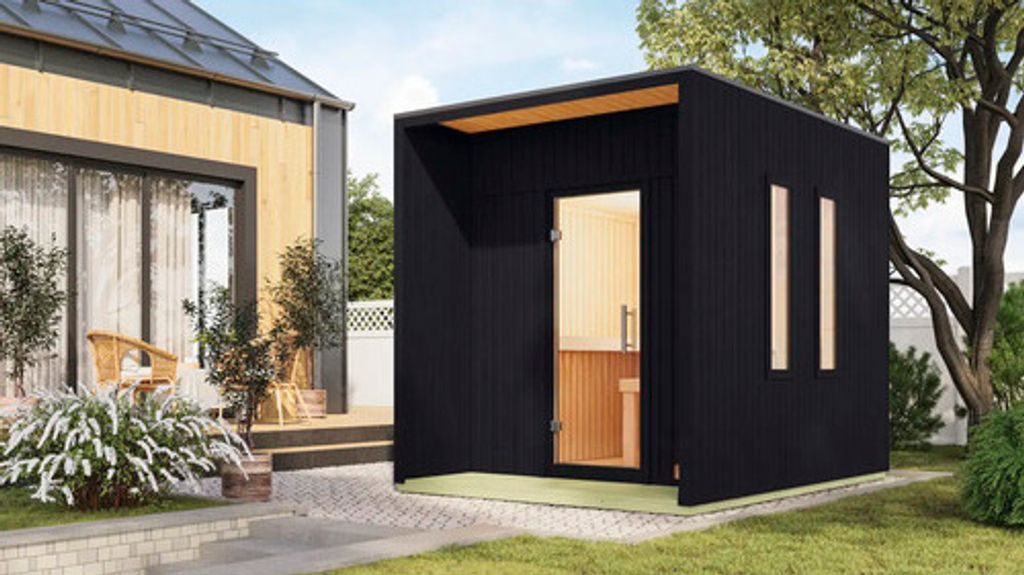 Saunahaus Karibu Sagunas inkl. 9 KW Ofen u.ext.Steuerung mit Fenster und Ganzglastür aus Klarglas schwarz