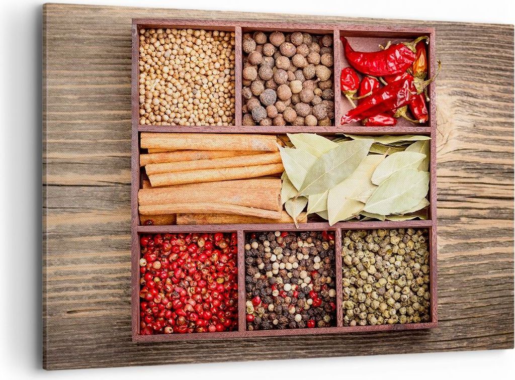 Bild auf Leinwand - Leinwandbild - Holzkiste orientalisch Gewürz Gewürze - 100x70cm - Wand Bild - Wanddeko - Leinwanddruck - Bilder - Kunstdruck ...