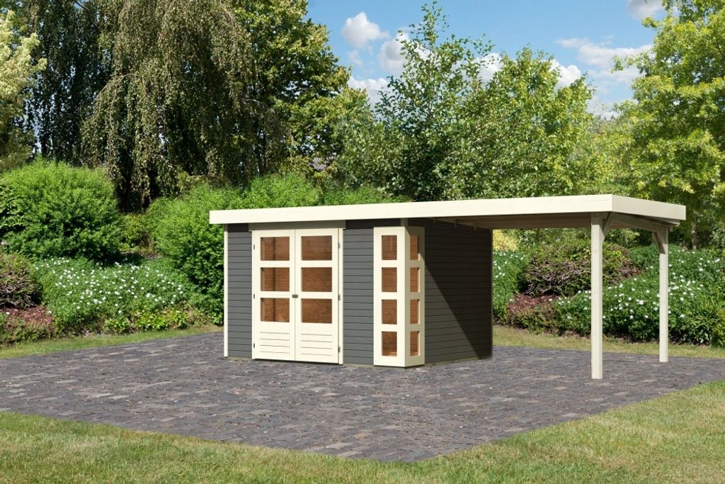 Karibu Gartenhaus Gerätehaus Kerko 5 im Set mit Anbaudach 2,80 m Breite terragrau 557x246x210 cm