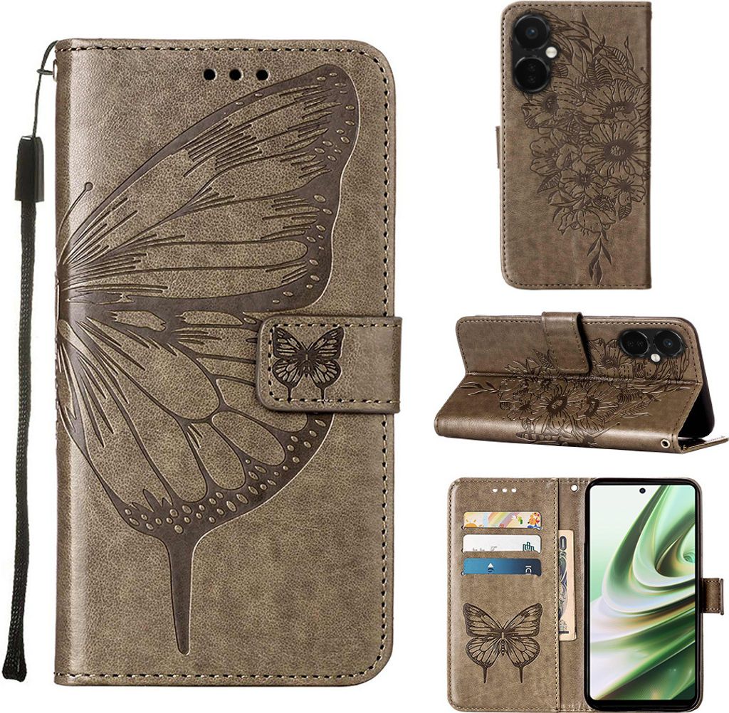 Lederhülle für OnePlus Nord CE3 Schmetterling Prägung Flip Ledertasche Kartenfächer Handyhülle mit Ständer Grau