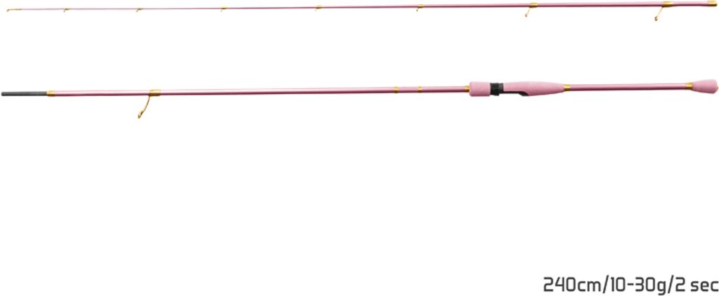 A pink fishing rod is shown against a white background.