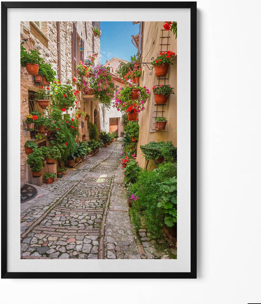 Blumenstraße in Italien– Wandbild mit Rahmen – Gerahmtes Bild – Wanddekoration – 70x100 cm – Schwarz Rahmen