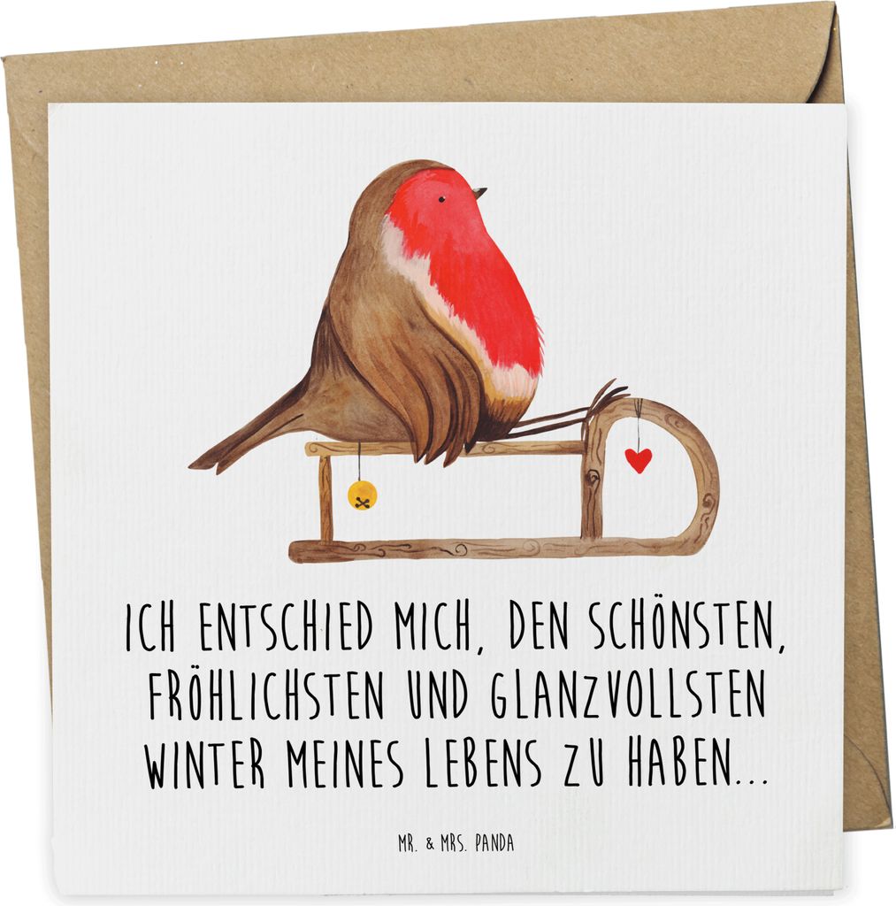 Mr. & Mrs. Panda Klappkarte Rotkehlchen Schlitten - Weiß - Geschenk, doppelkarte, Weihnachten, faltkarte, Glückwunschkarte, Grußkarte, anlasskar...