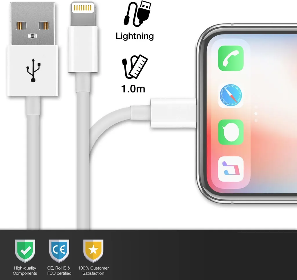 Câble USB compatible iPhone 7 6 5 SE - Lot de 2 pour éviter les pannes