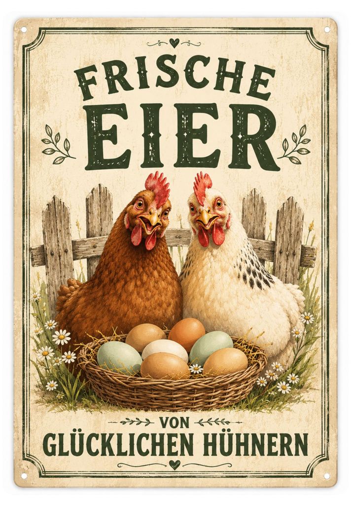 Blechschild 20x30cm Frische Eier von glücklichen Hühnern Produktbild 