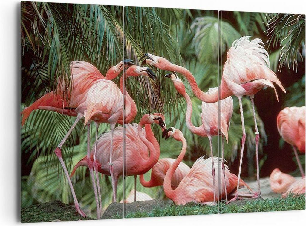 Bild auf Leinwand - Leinwandbild - 3 Teile - Palmen Herde Flamingos - 165x110cm - Wand Bild - Wanddeko - Wandbilder - Leinwanddruck - Bilder - Wand...