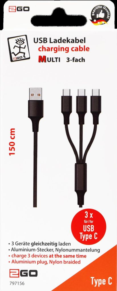 2GO 3in1 USB Ladekabel USB Type-C Nylon  1,5m   schwarz Produktbild 