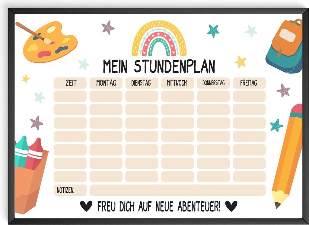 Stundenplan zur Einschulung Geschenk zum Schulanfang Schulkind Geschenkidee – DIN A4 + Rahmen schwarz
