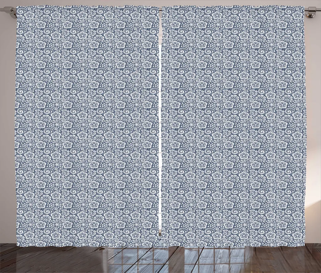 Rideau rustique victorien ABAKUHAUS motif pétales bleu ardoise 280x225