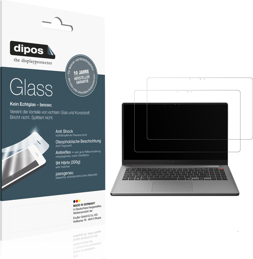 2x Schutzfolie für LG Gram Book 15.6 Zoll matt - Anti-Shock 9H Folie dipos Glass Kunststoffglas