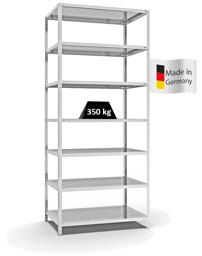 PROREGAL Fachbodenregal Schraubsystem MAGNUS Germany | HxBxT 300x130x80cm | 7 Ebenen | Fachlast 350 kg | Beidseitig nutzbar | Lichtgrau