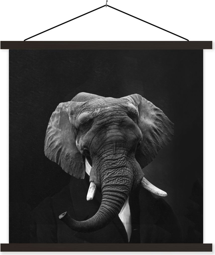 MuchoWow Textilposter Gemälde - Afrikanischer Elefant - Schwarz - Weiß 60x60 cm mit schwarzem Rahmen - Posteraufhänger
