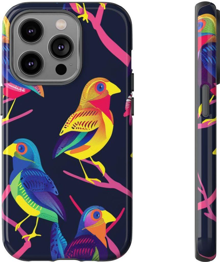 Bunte Neon-Vögel auf Zweigen – Hülle Kompatibel mit iPhone 14 Pro