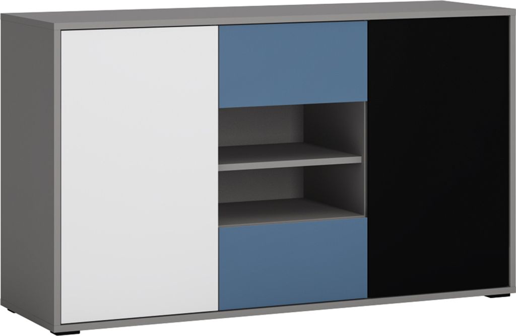 Sideboard Kommode Jugendzimmer LIIVA-129 in grau mit schwarz, weiß, blau, B/H/T: ca. 125,7/74,2/40 cm