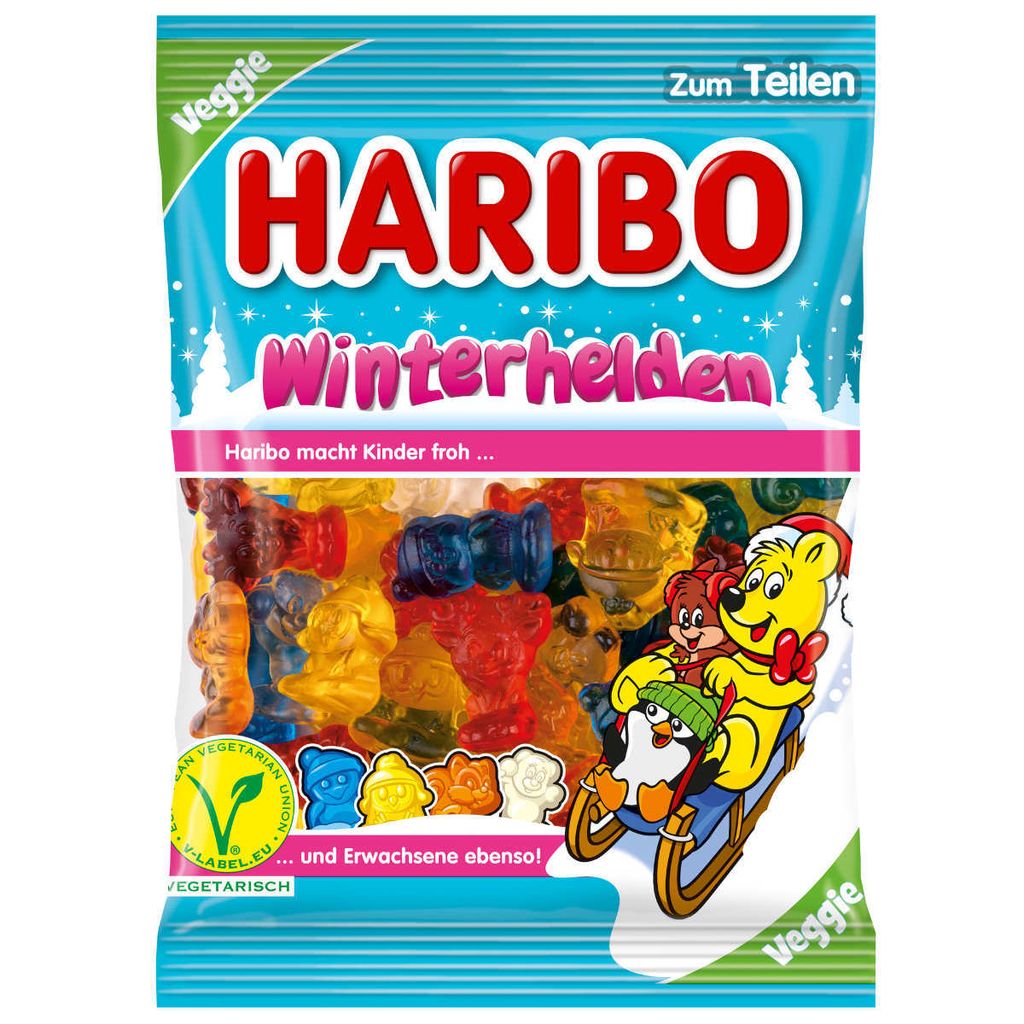 A bag of Haribo gummy candies with a winter theme.
