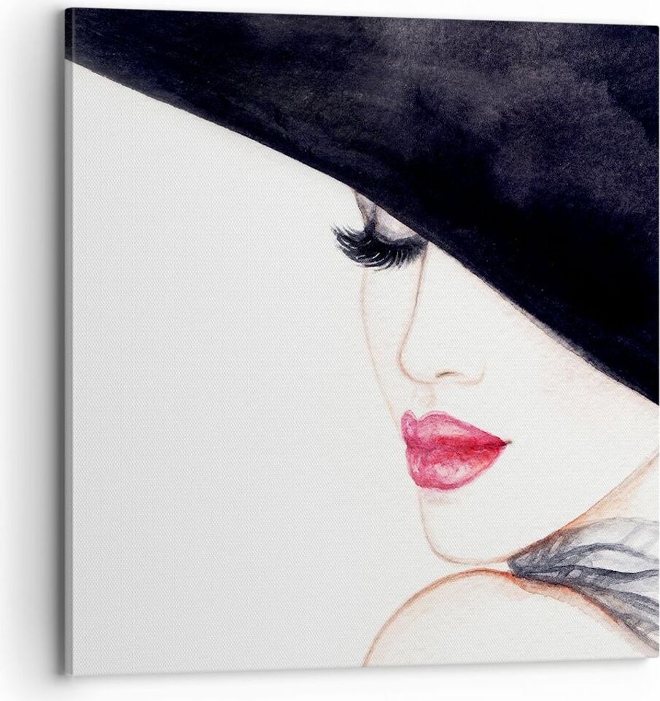 Bild auf Leinwand - Leinwandbild - Frau Lippen Hut Eleganz - 70x70cm - Wand Bild - Wanddeko - Leinwanddruck - Bilder - Kunstdruck - Wanddekoration ...
