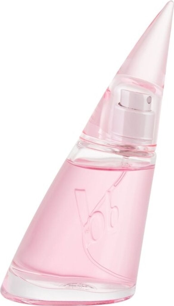 A pink perfume bottle with a clear cap and a clear base, set against a white background.