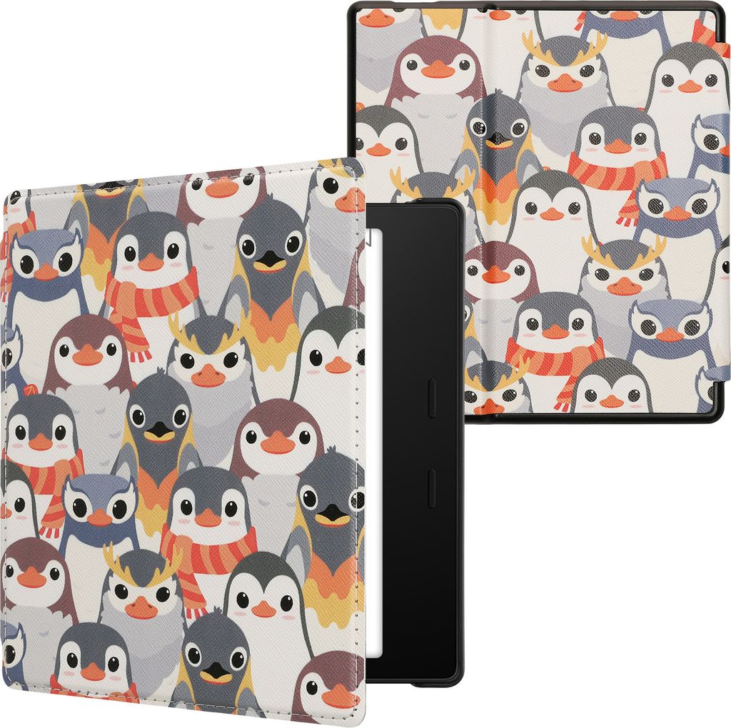 kwmobile Schutzhülle für Amazon Kindle Oasis 10. Generation Hülle - eReader Flip Case mit Auto Sleep Funktion - Pinguine mit Grau Gelb Braun