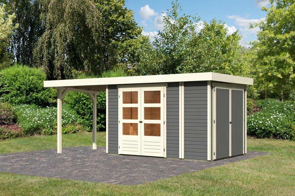 Karibu Gartenhaus Gerätehaus Retola 3 inkl. Anbauschrank und Anbaudach 2,40 m Breite terragrau 539x217x211 cm