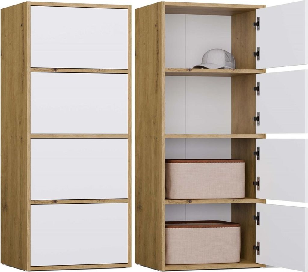 A two-part image showing a tall, narrow cabinet with white doors and a wood-tone frame. The left side shows the cabinet closed with four white doors. The right side shows the cabinet open, revealing shelves with a hat on the top shelf and two fabric storag
