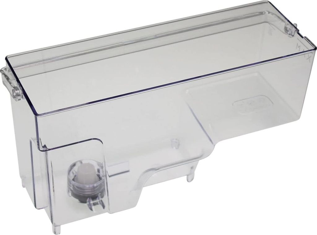 A clear plastic water tank for a coffee machine.