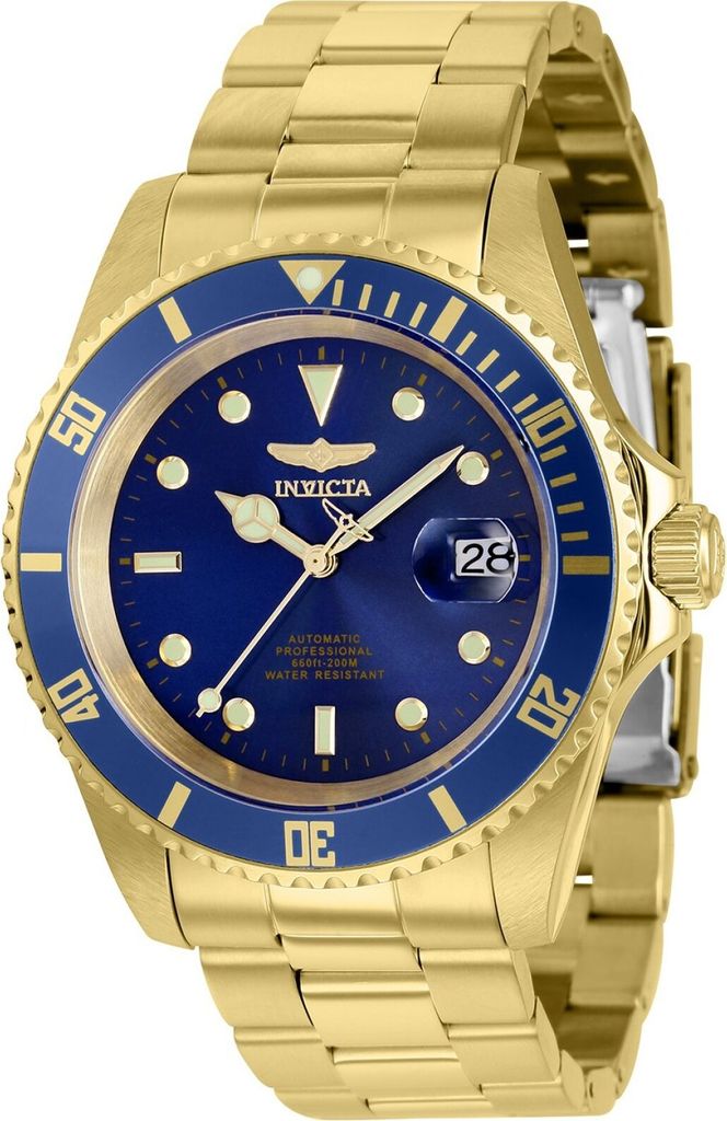 A close-up studio shot of a gold and blue Invicta Pro Diver watch.