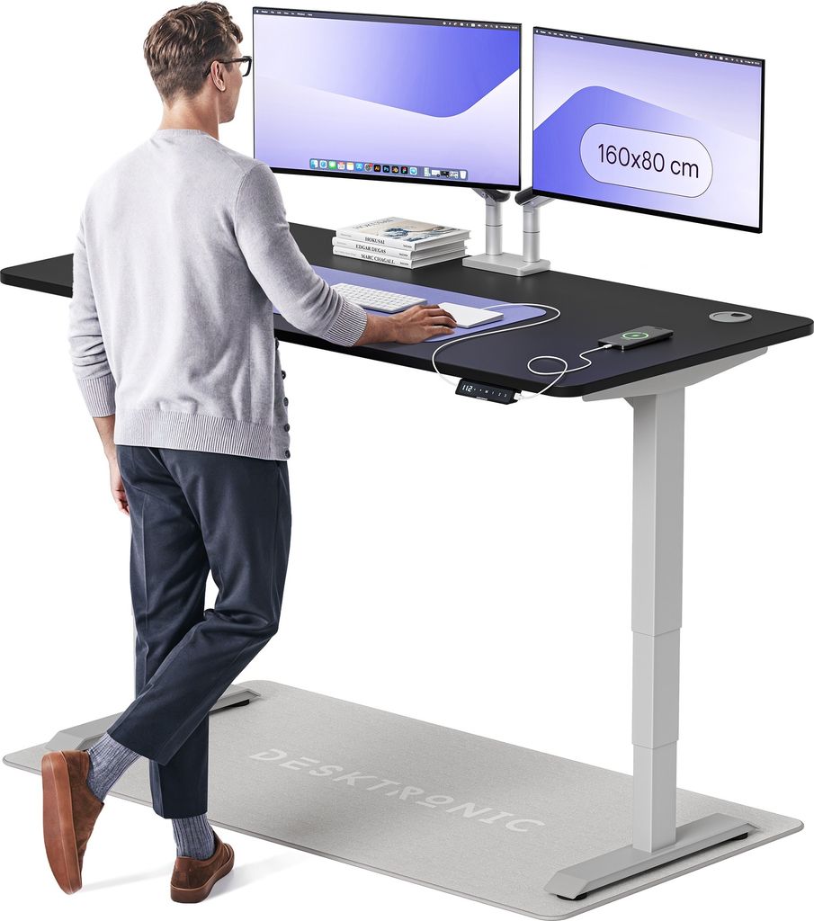 Desktronic HomePro Elektrisch höhenverstellbarer Schreibtisch 160x80cm Grau/Schwarz mit Memory-Funktion, Anti-Kollisions Technologie, USB-A und US...