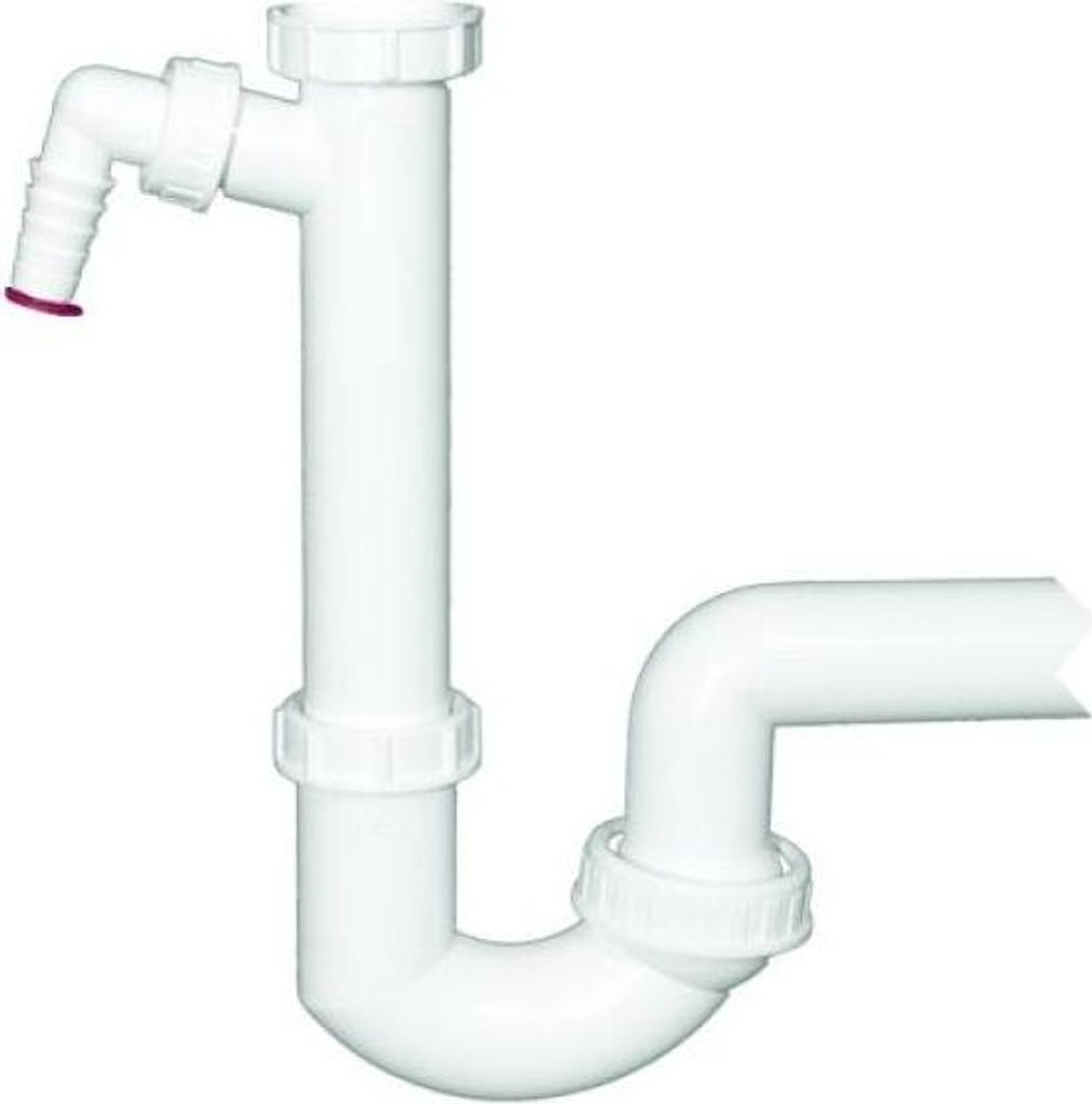 A white plastic siphon pipe assembly for plumbing.