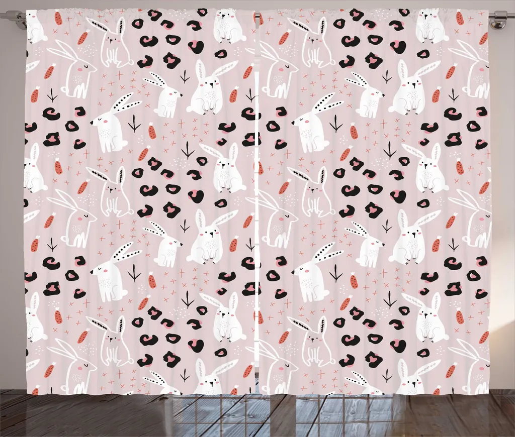 Rideaux de Chambre Enfant ou Salon Motif Lapin 280x225 cm Blanc Rose