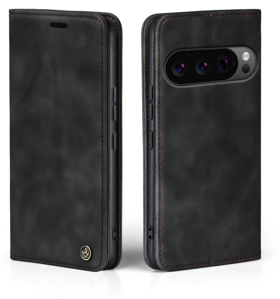 A black flip case for a Google Pixel phone, shown from the front and back.