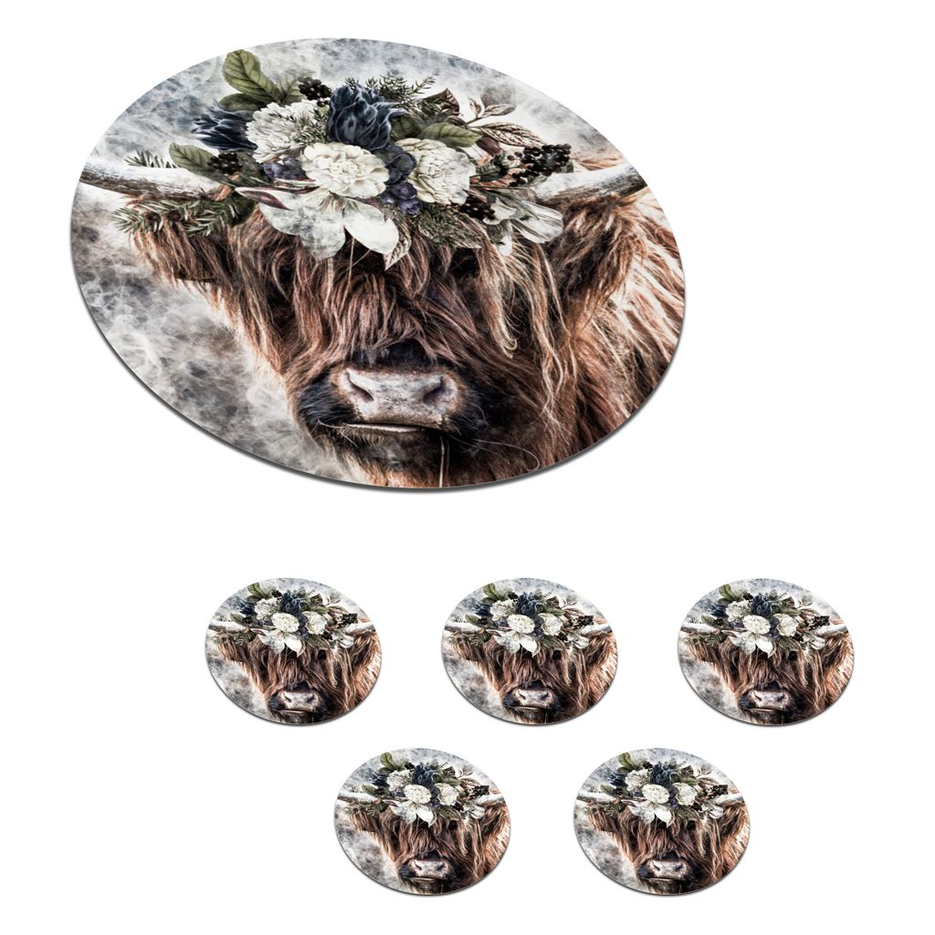 KitchenYeah Glasuntersetzer Rund 6er Set Schottisches Hochlandrind - Blumen - Schwarz 10x10 cm Untersetzer für Gläser - Getränkeuntersetzer -...