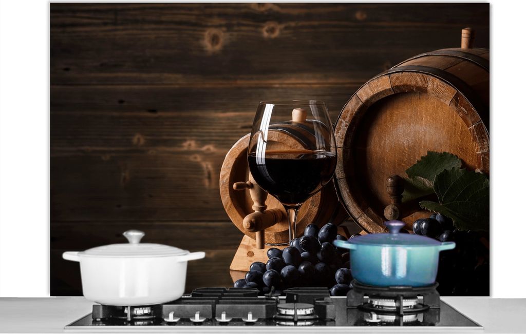 KitchenYeah Spritzschutz Küche - Küchenrückwand - Wandschutz für Herd und Spüle - Wein - Weinglas - Weintrauben - Glas 120x80 - Alu-Dibond ...