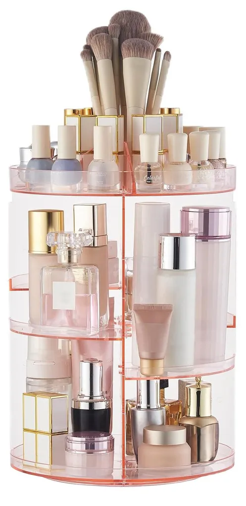 Boîte de Rangement Maquillage Rotative et Présentoir Cosmétique Rose